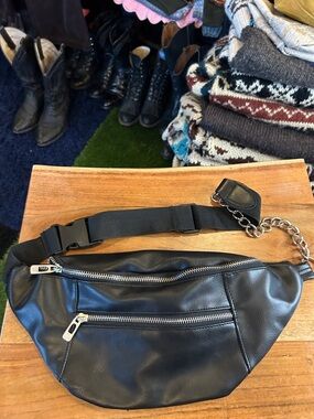 Black Faux Leather Chain Belt Bag